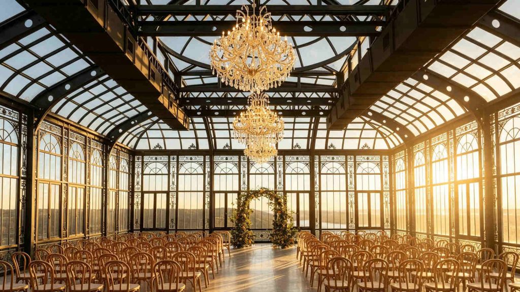 Interior of Victorian wedding conservatory with chandeliers and wedding chairs.